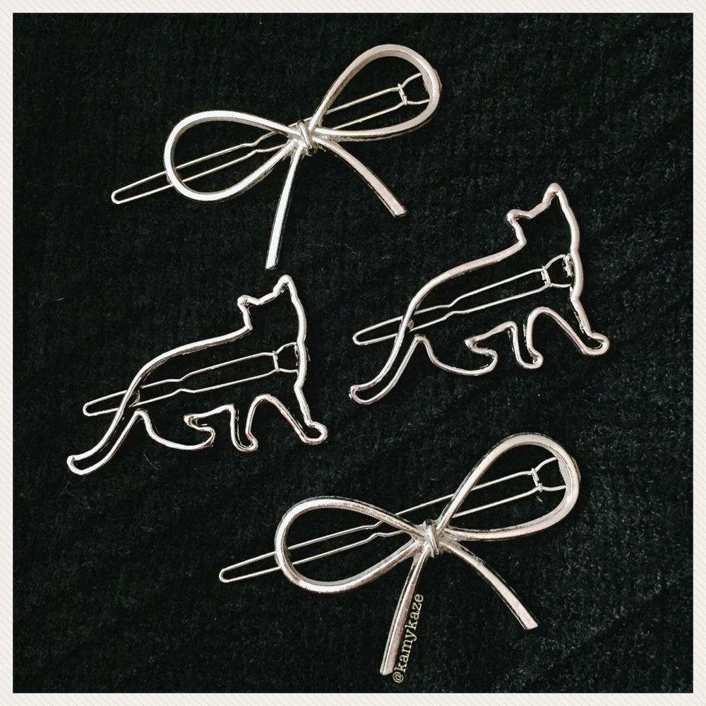 ♦️(2pcs) Cat & Bow Hair Barrettes (Silver or Gold)